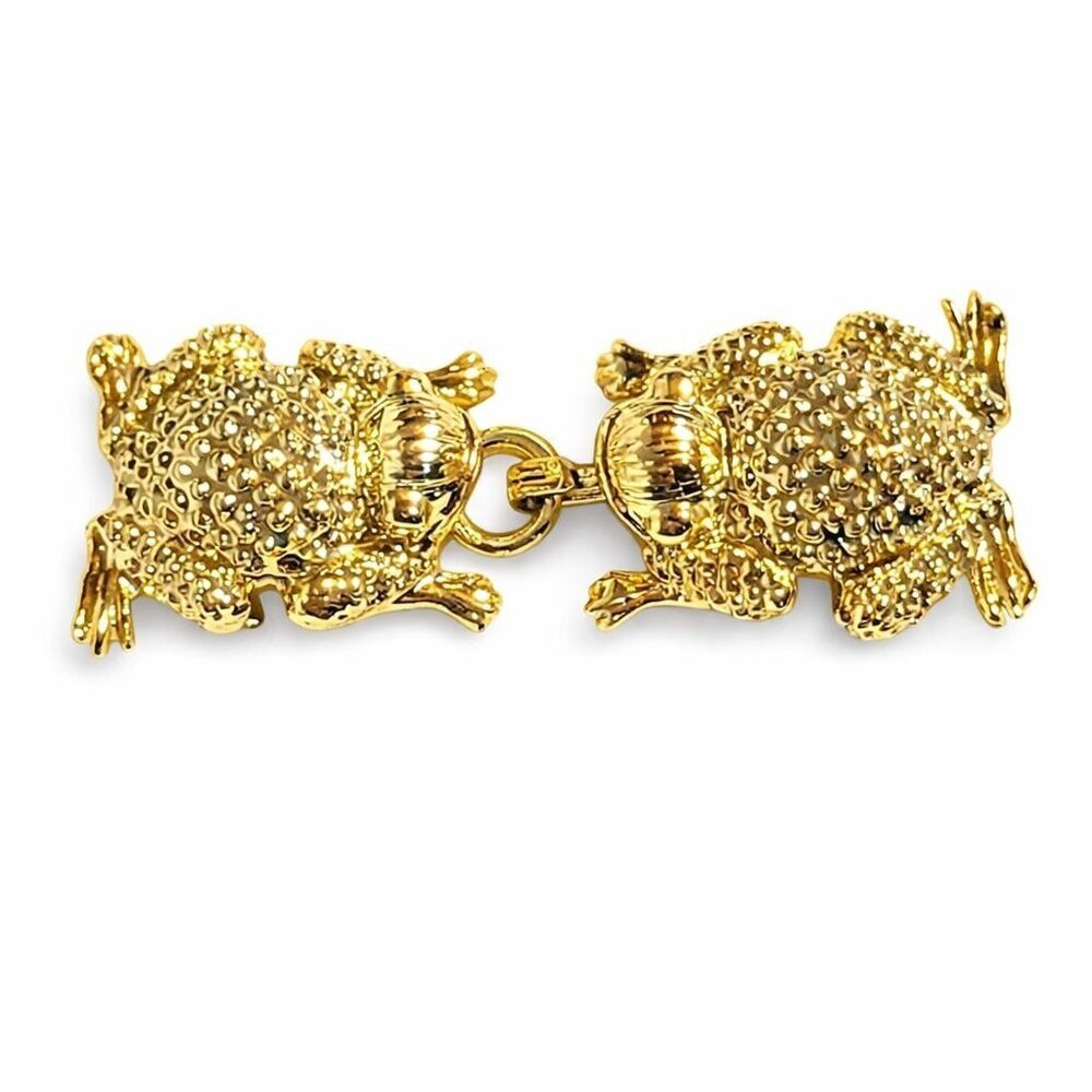 Vintage Frog Belt Buckle 2 pc Gold Tone 1980s Metal Hook & Eye